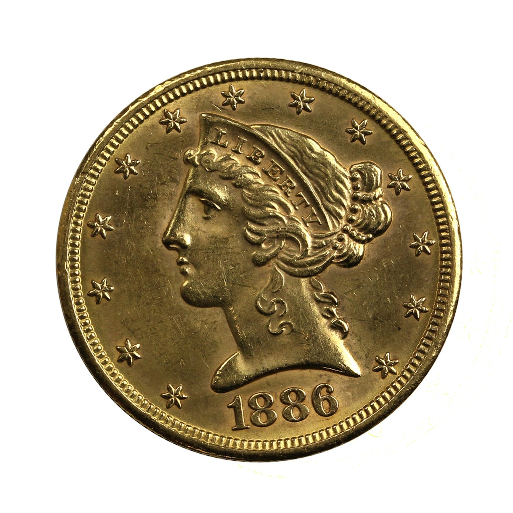 1886 S USA $5 Gold Half Eagle UNC+ (MS62)