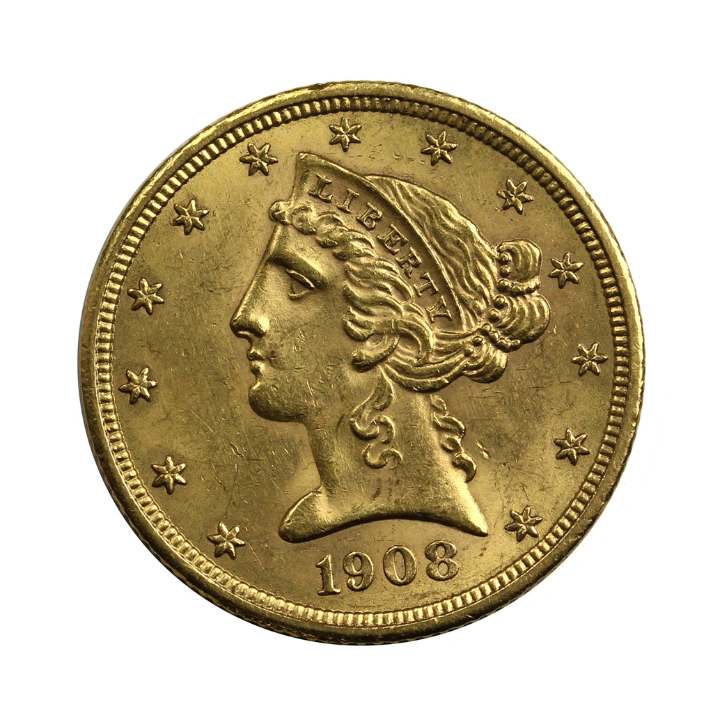 1908 USA $5 Gold Half Eagle AU-UNC (AU55)
