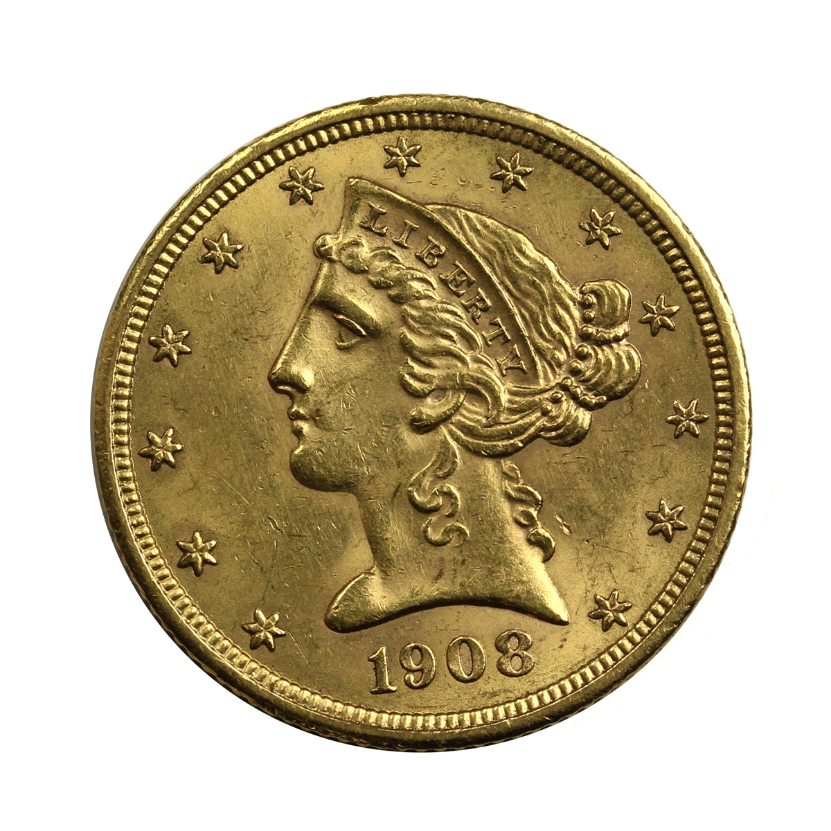 1908 USA $5 Gold Half Eagle AU-UNC (AU55)