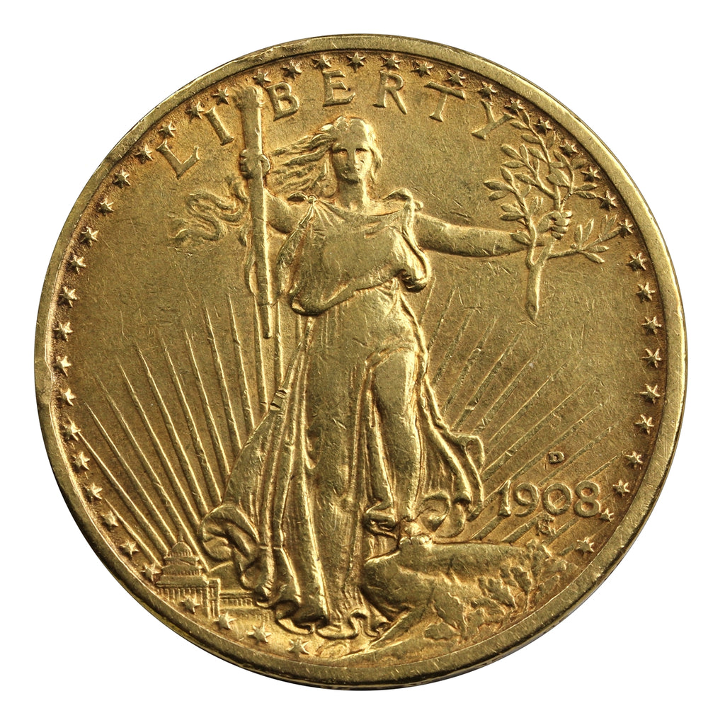 1908 D USA $20 Gold Double Eagle VF-EF (VF30)