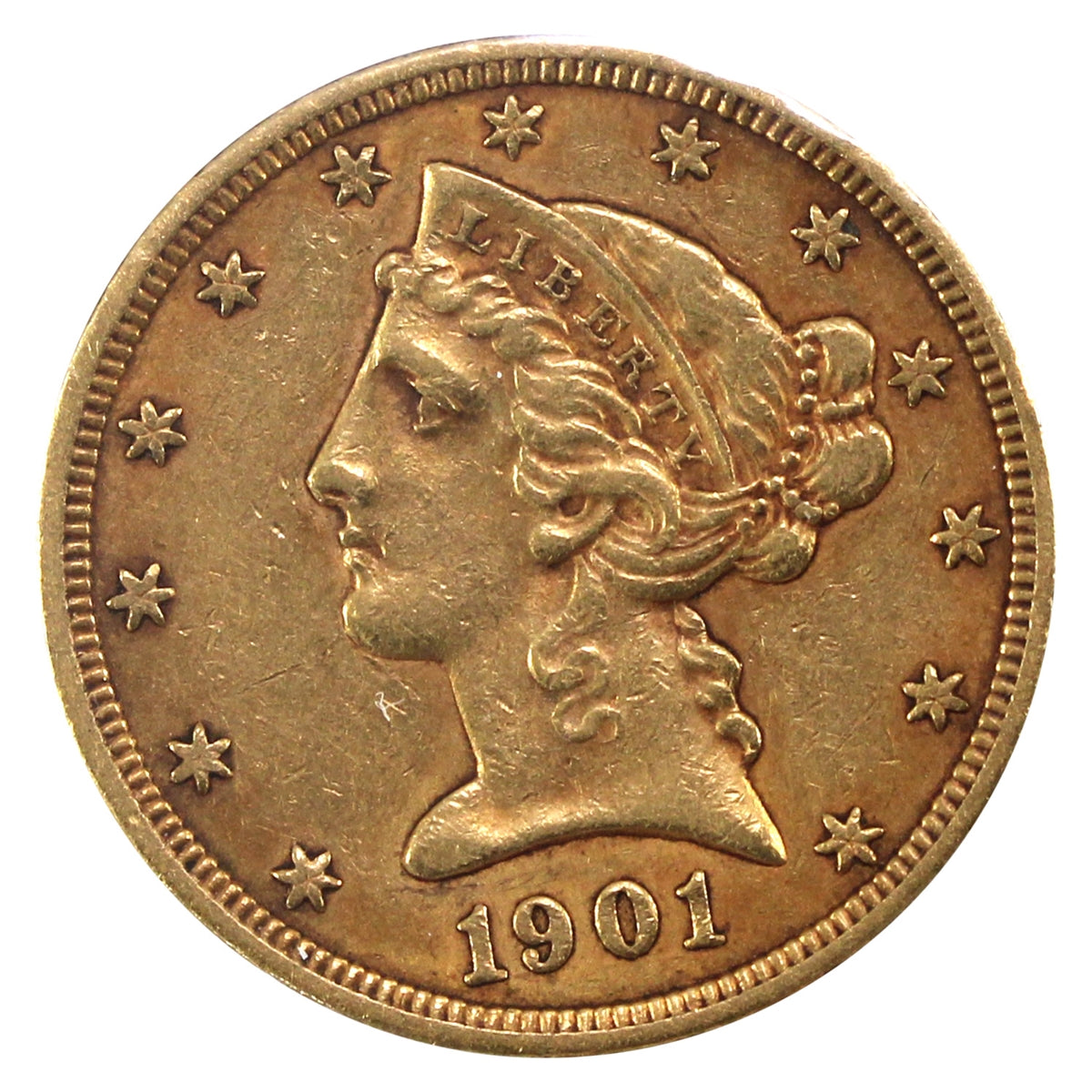 1901 USA $5 Gold Half Eagle VF-EF (VF30)