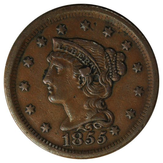 1855 Slanting 5s, Knob on Ear USA Cent Extra Fine (EF-40) $