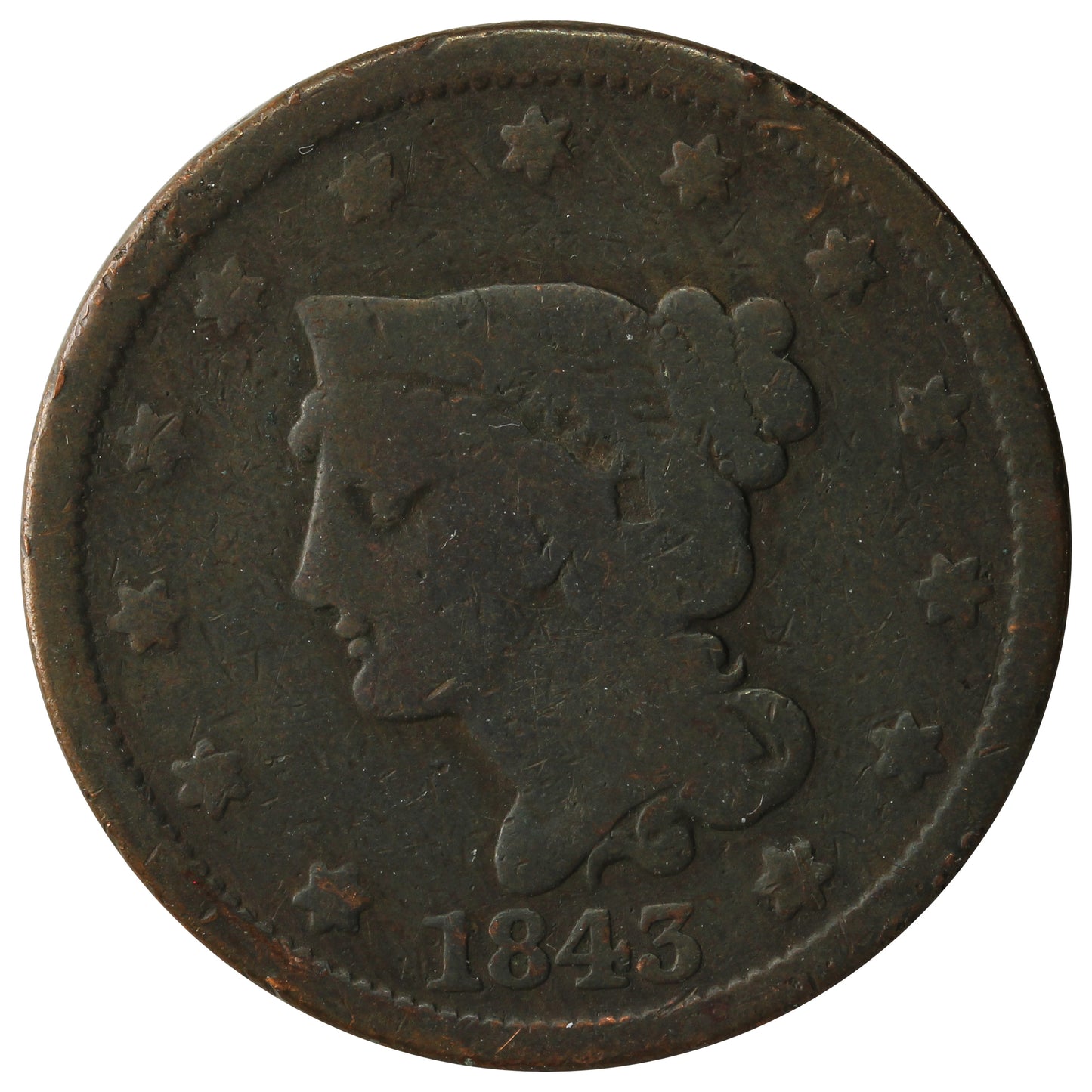 1843 Petite Head, Small Letters USA Cent G-VG (G6)