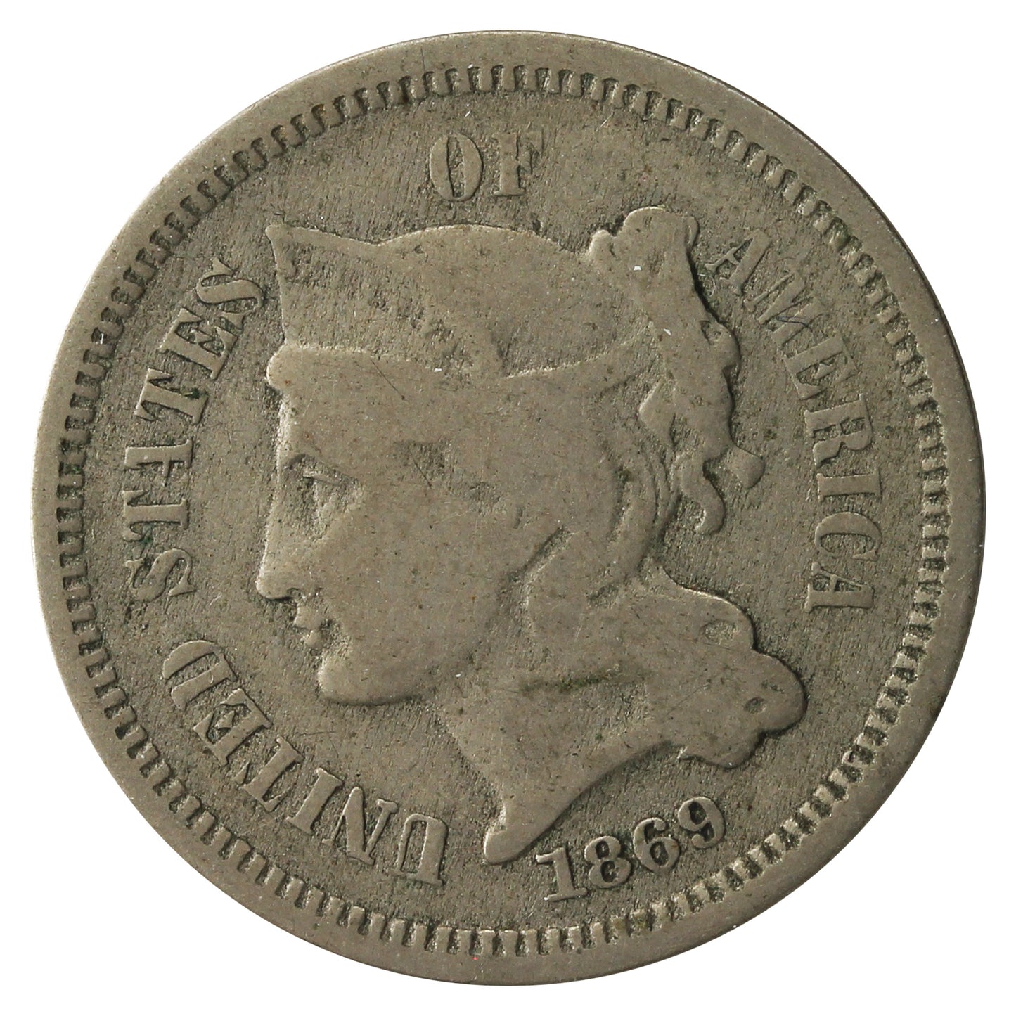 1869 Nickel USA 3 Cents VG-F (VG10)