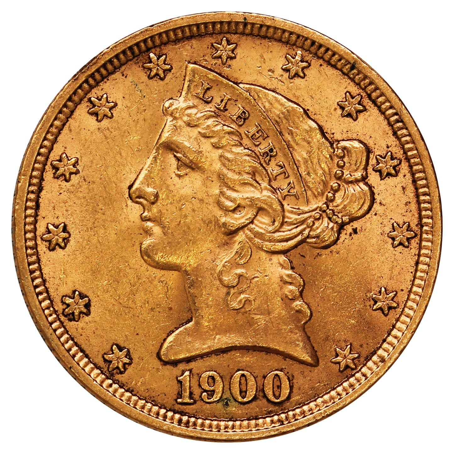 1900 USA $5 Gold Half Eagle UNC+ (MS62)
