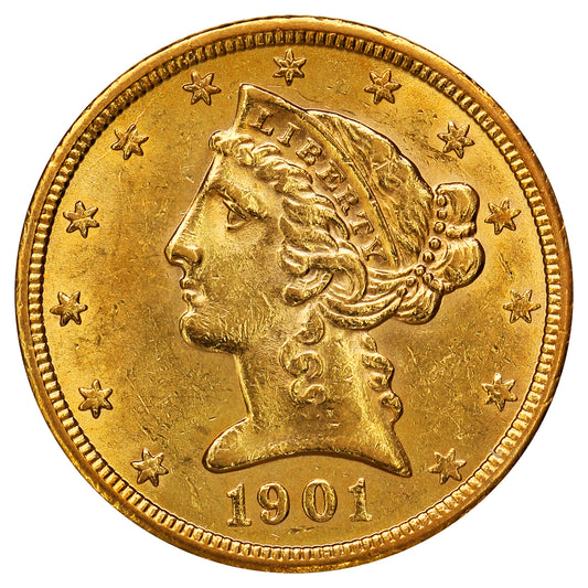 1901 S USA $5 Gold Half Eagle UNC+ (MS62)