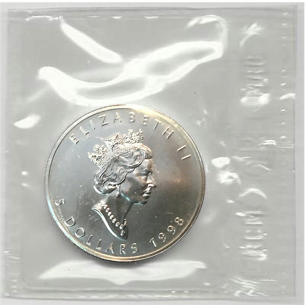 1998 Canada $5 1oz Silver Maple Leaf SEALED (No Tax) Lightly Toned/Yellowing Seal