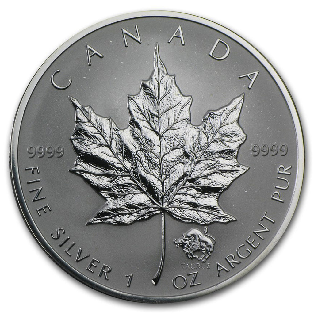 2004 Canada $5 Taurus Privy Mark 1oz. Silver Maple Leaf (TAX Exempt) Lightly Toned