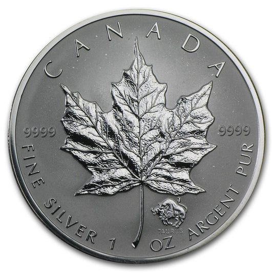 2004 Canada $5 Taurus Privy Mark 1oz. Silver Maple Leaf (TAX Exempt) Lightly Toned