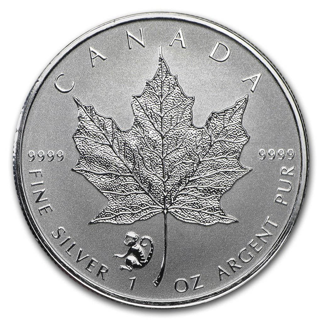 2016 Canada $5 Monkey Privy 1oz Silver Maple Leaf (No Tax) Light Toning/Cap Scr