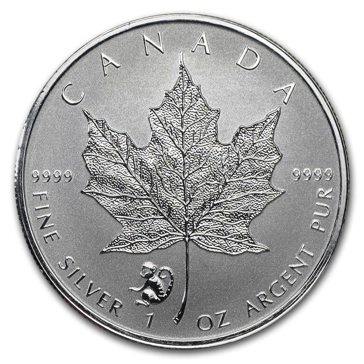 2016 Canada $5 Monkey Privy 1oz Silver Maple Leaf (No Tax) Light Toning/Cap Scr