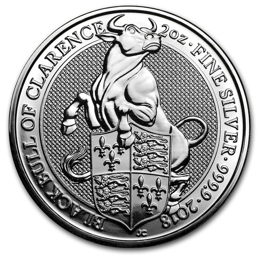 2018 GB £5 Queen's Beasts: Black Bull of Clarence 2oz. Silver (No Tax) Lightly Toned