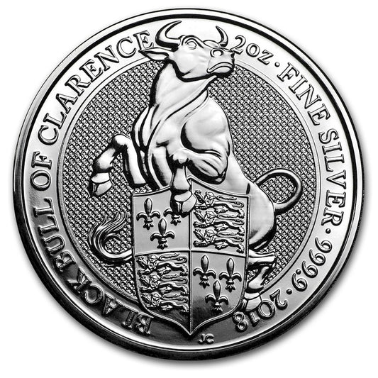 2018 GB £5 Queen's Beasts: Black Bull of Clarence 2oz. Silver (No Tax) Lightly Toned