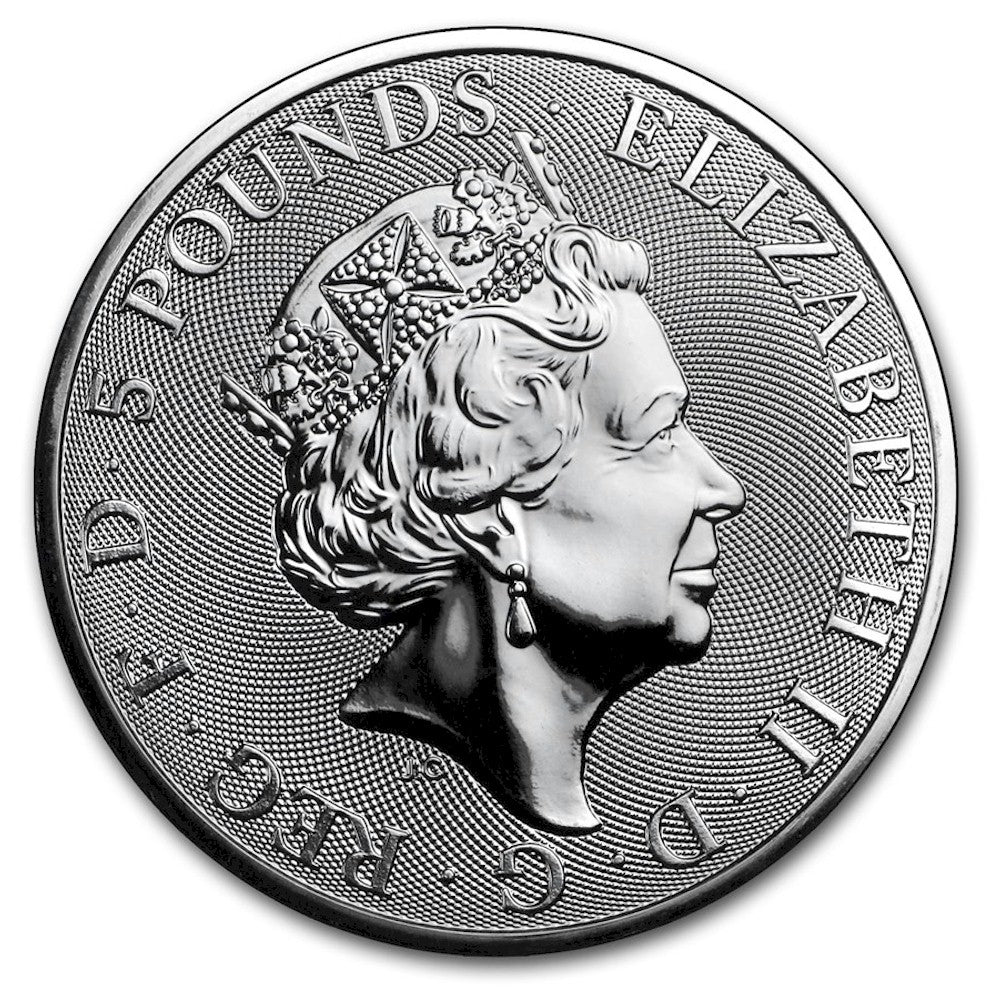 2018 GB £5 Queen's Beasts: Black Bull of Clarence 2oz. Silver (No Tax) Lightly Toned