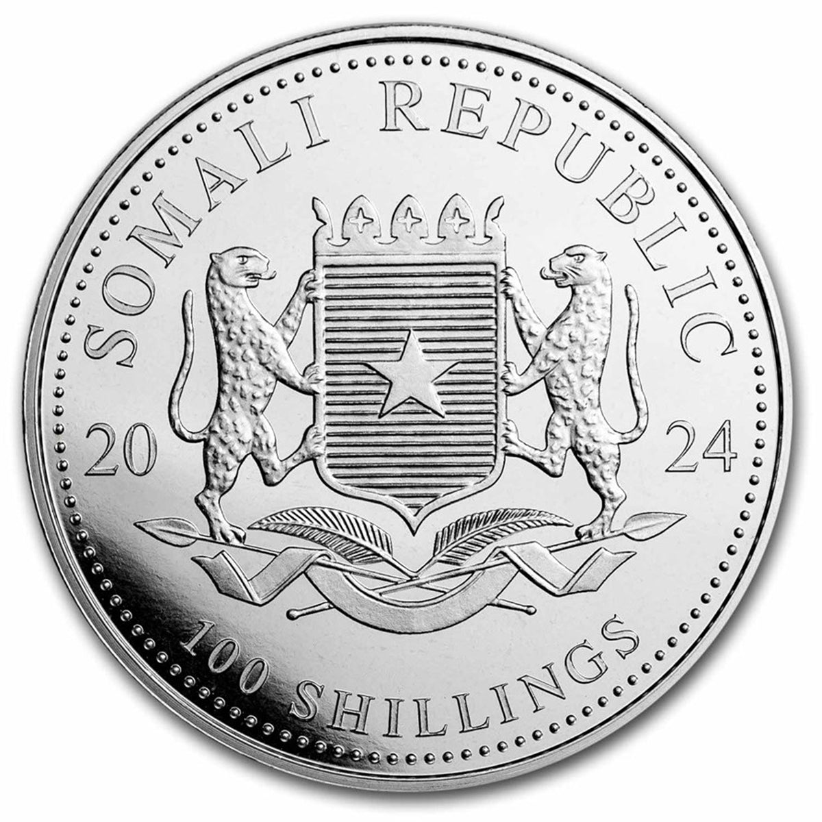 2024 Somali Republic 100 Shillings Elephant 1oz Silver (No Tax) Tone Spot/Scr.
