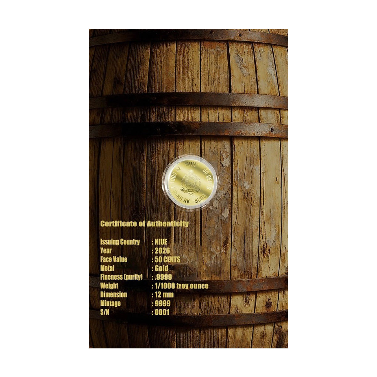 2026 Niue 50 Cents Bourbon 1/1000oz 24K .9999 Gold in Card (No Tax)