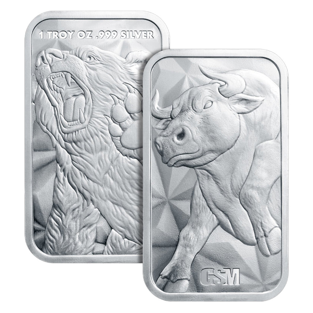 GSM 1oz Bull & Bear .999 Fine Silver Bar (No Tax)