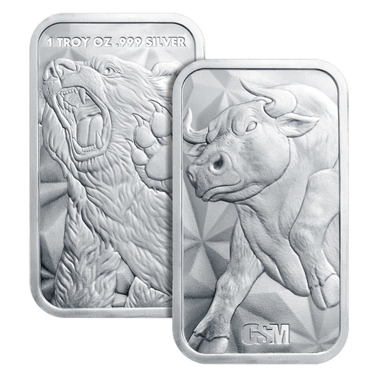 GSM 1oz Bull & Bear .999 Fine Silver Bar (No Tax)