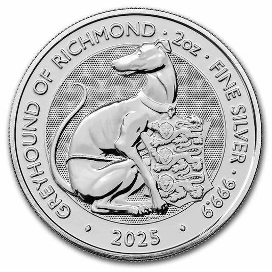 2025 GB £5 Royal Tudor Beasts: Greyhound 2oz Silver (No Tax) May have Light Toning