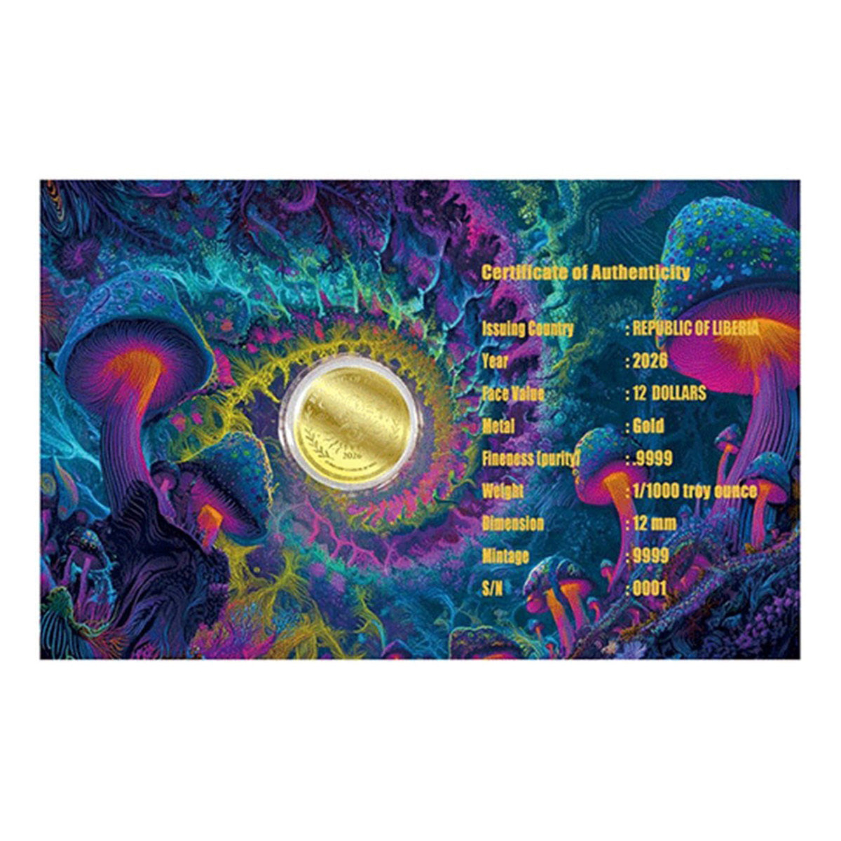 2026 Republic of Liberia $12 Magic Mushroom 1/1000oz Gold in Card (No Tax)