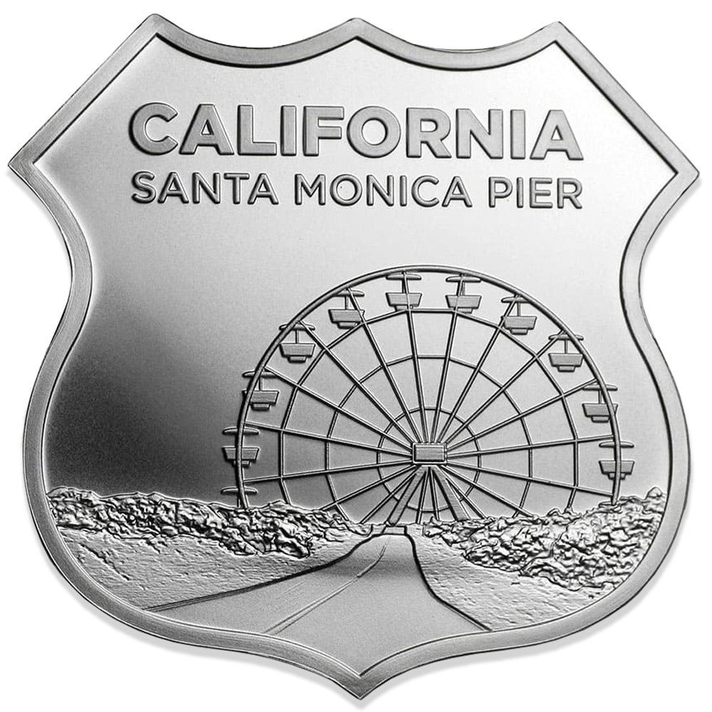 Icons of Route 66 Shield: California Santa Monica Pier 1oz. Silver (No Tax)