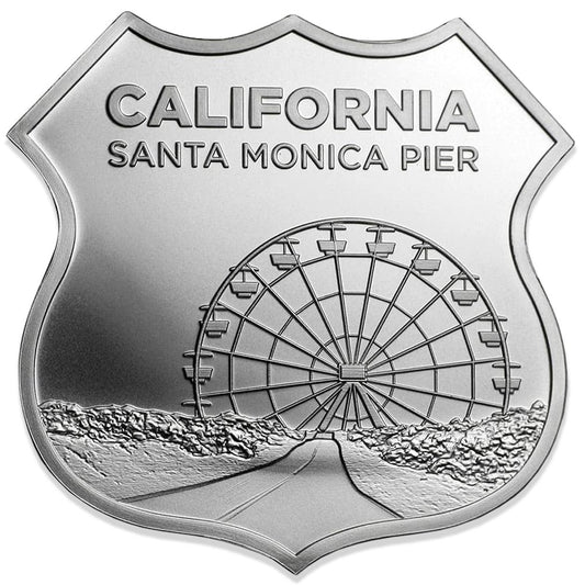 Icons of Route 66 Shield: California Santa Monica Pier 1oz. Silver (No Tax)