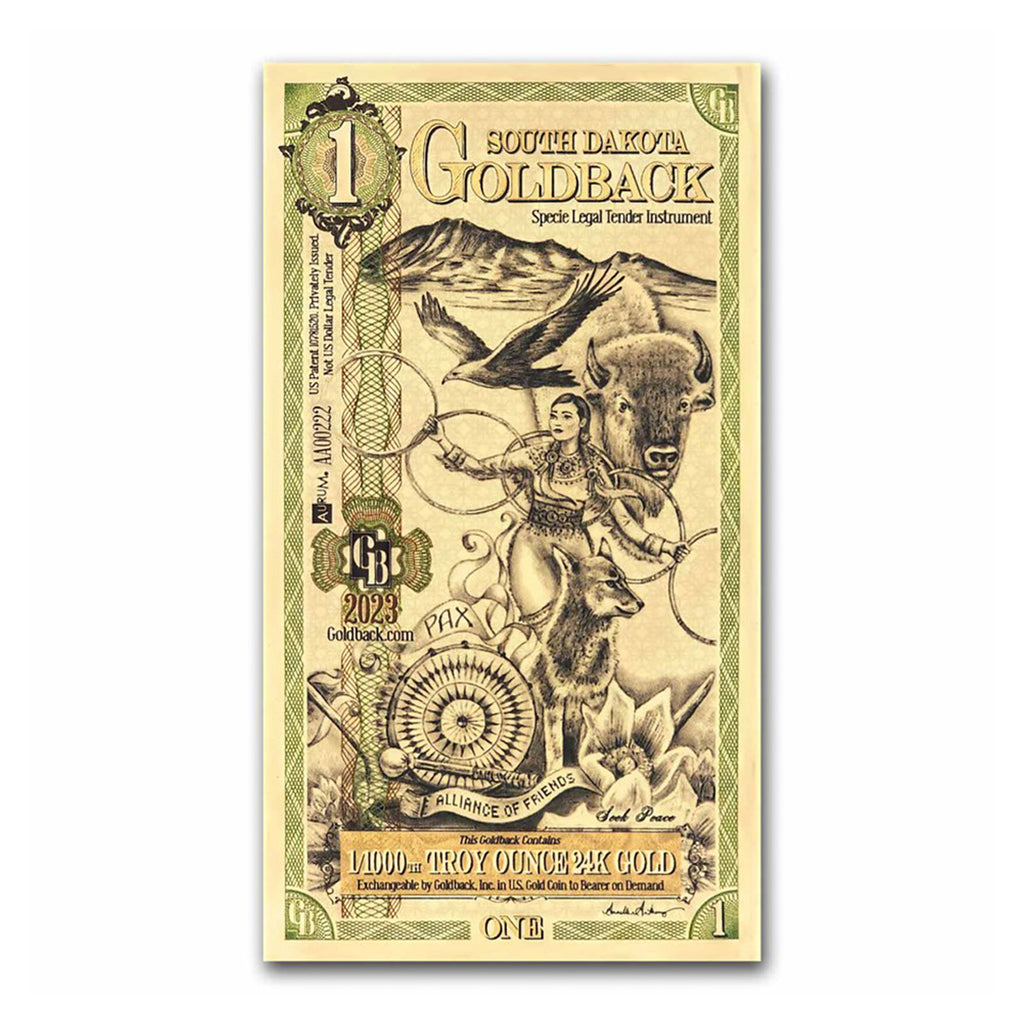 One South Dakota Goldback 1/1000oz 24K .9999 Gold Wafer Foil Note (No Tax)