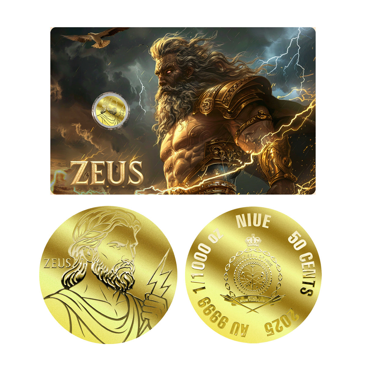 2025 Niue 50 Cents Zeus 1/1000oz 24K .9999 Gold in Card (No Tax)
