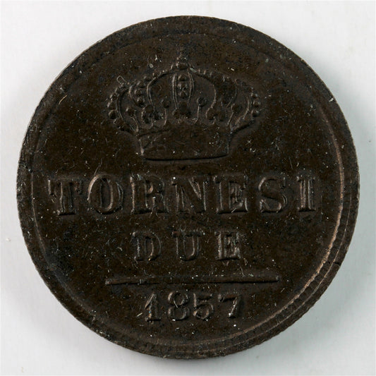 Italy 1857 Naples 2 Tornesi Almost Uncirculated (AU-50) $