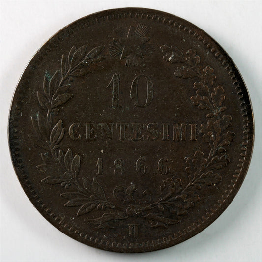 Italy 1866H 10 Centesimi Almost Uncirculated (AU-50) $