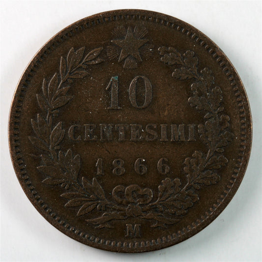 Italy 1866M 10 Centesimi Extra Fine (EF-40) $