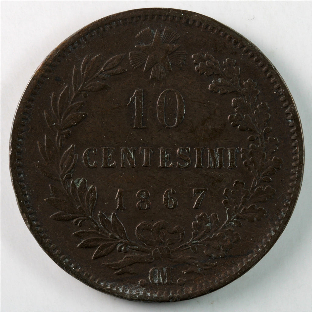 Italy 1867OM 10 Centesimi Extra Fine (EF40) $