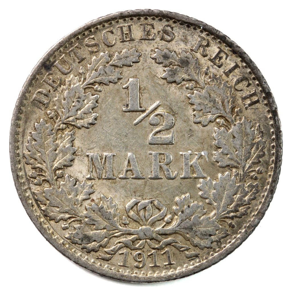 German Empire 1911A 1/2 Mark Almost Uncirculated (AU50) $