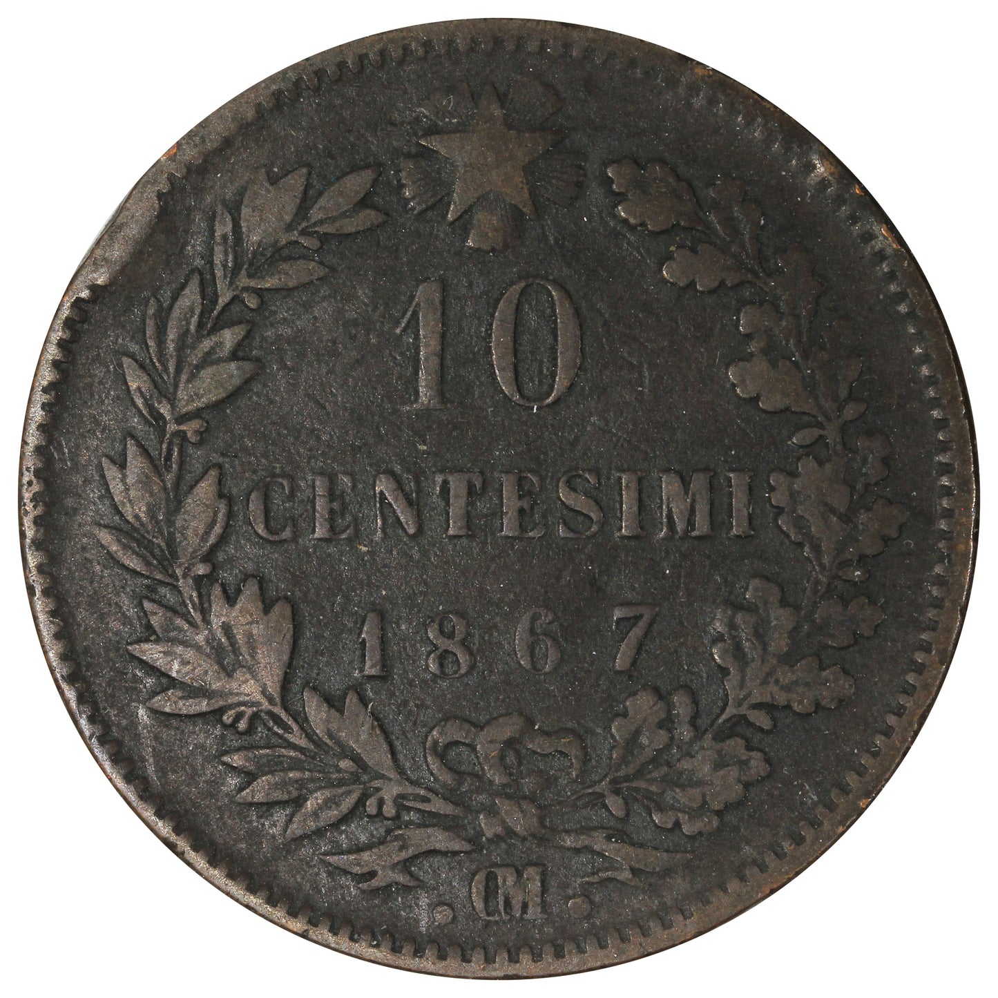 Italy 1867OM 10 Centesimi VF-EF (VF30)