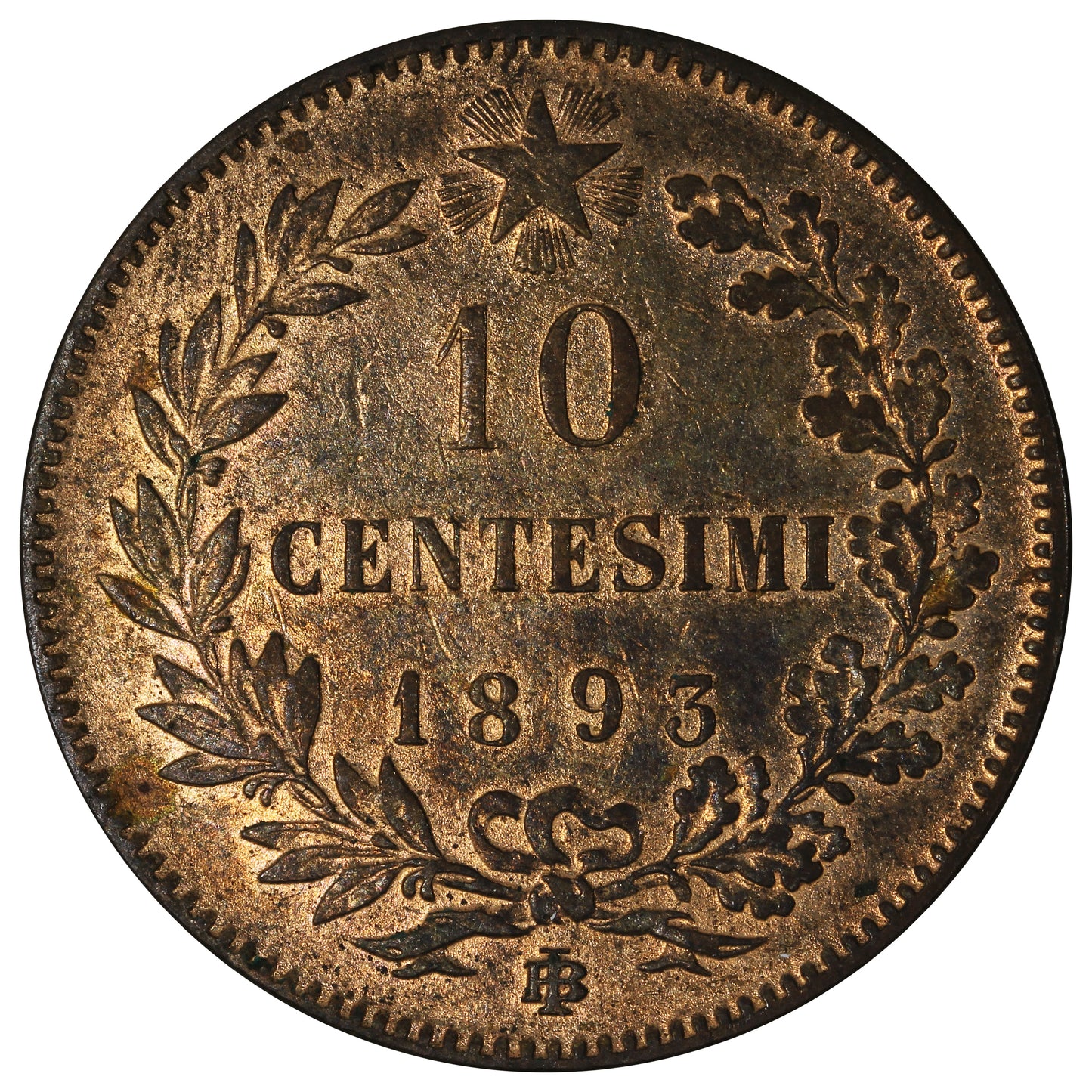 Italy 1893BI 10 Centesimi Extra Fine (EF40)