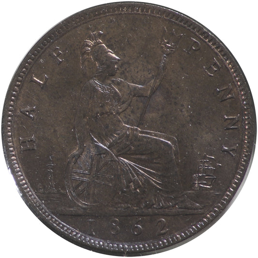 Great Britain 1862 1/2 Penny Brilliant Uncirculated (MS63) Lustrous R & B $