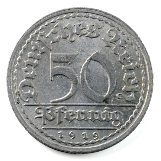 German Weimar Republic 1919D 50 Pfennig Almost Uncirculated (AU-50) $