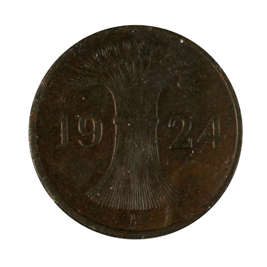 German Weimar Republic 1924A Pfennig Almost Uncirculated (AU50)