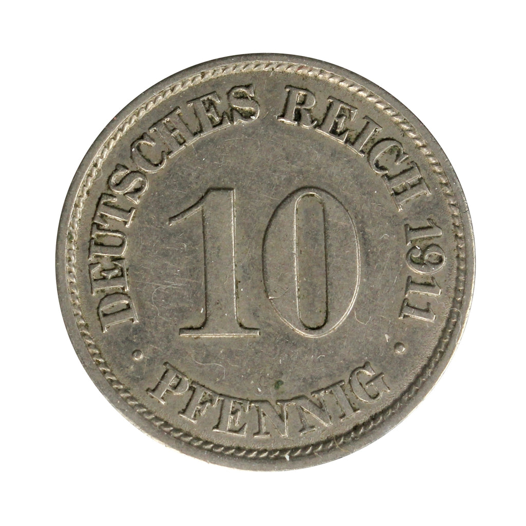 German Empire 1911J 10 Pfennig Almost Uncirculated (AU50)