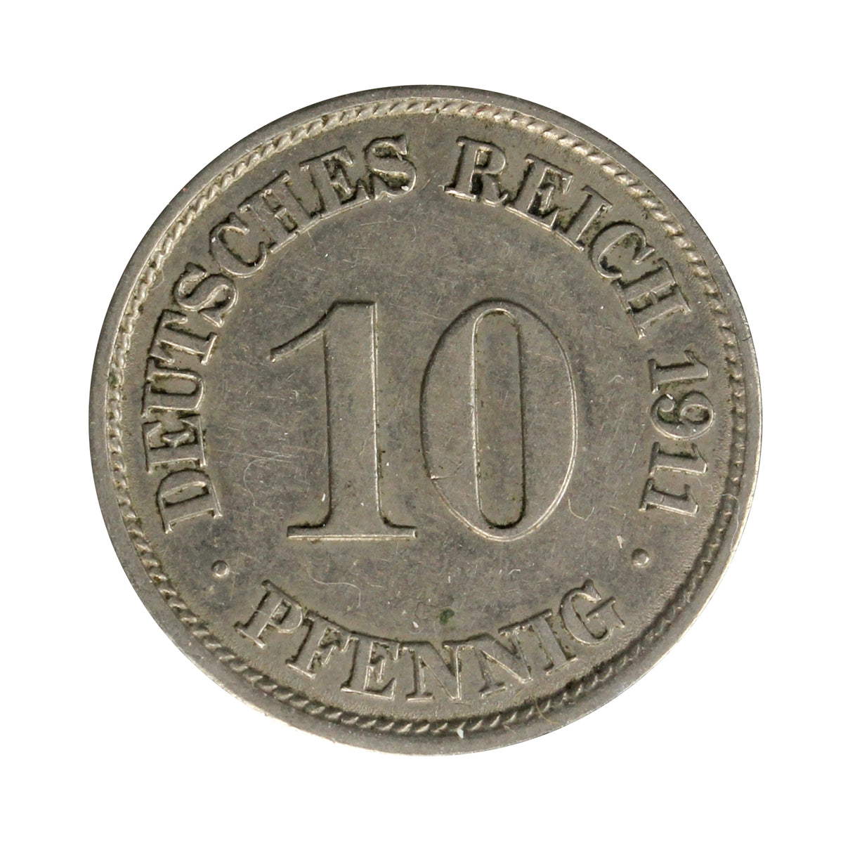 German Empire 1911J 10 Pfennig Almost Uncirculated (AU50)