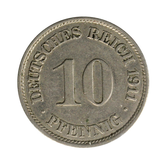 German Empire 1911J 10 Pfennig Almost Uncirculated (AU50)