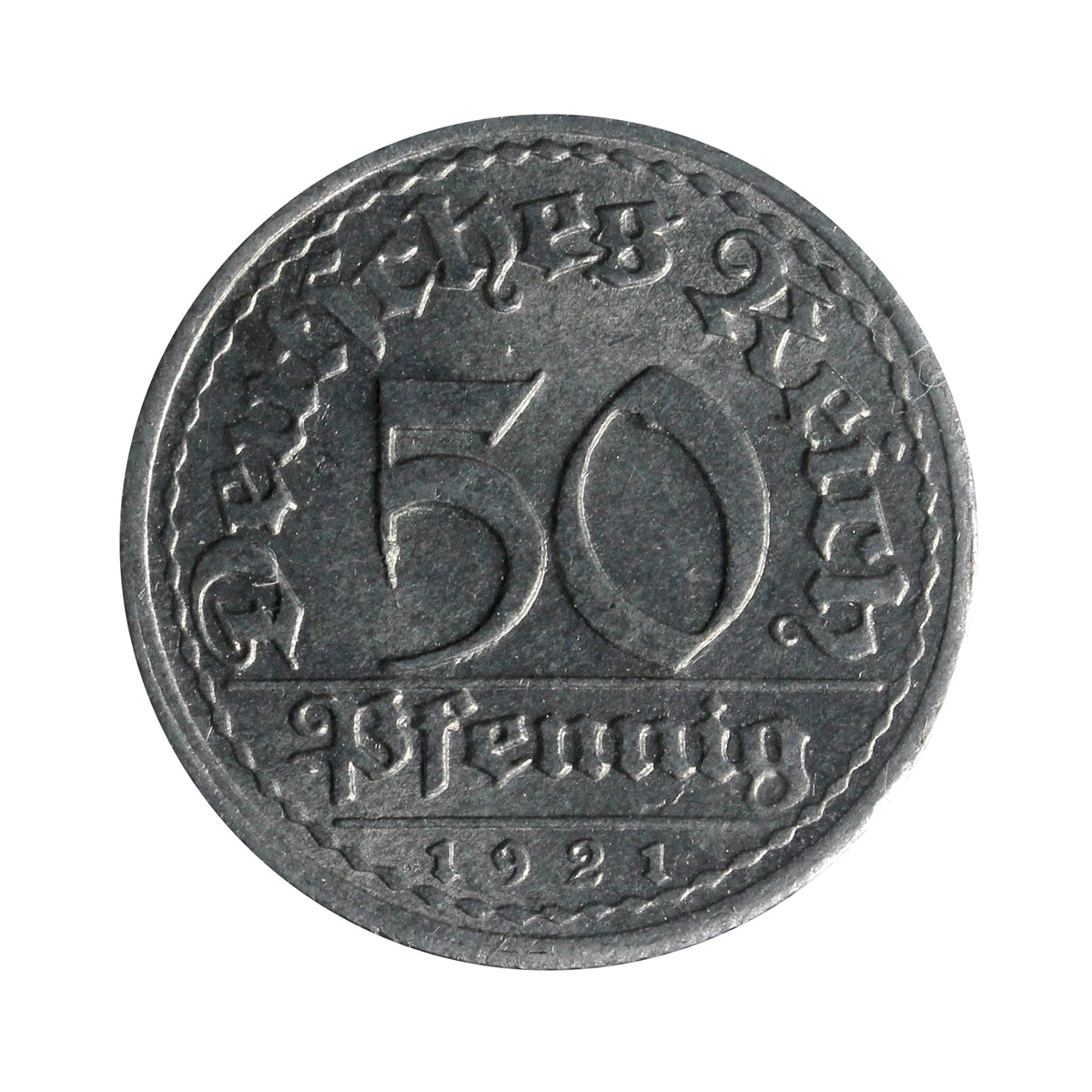 German Weimar Republic 1921F 50 Pfennig Almost Uncirculated (AU50)