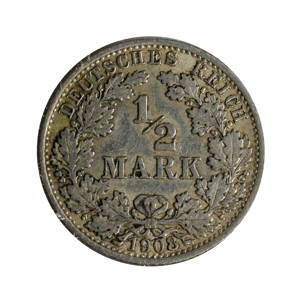 German Empire 1908A 1/2 Mark Extra Fine (EF40)