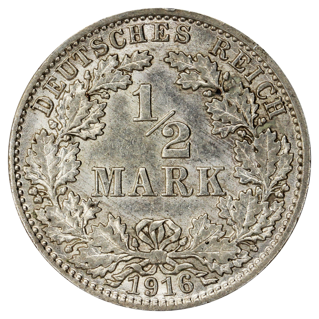 German Empire 1916A 1/2 Mark Almost Uncirculated (AU50)
