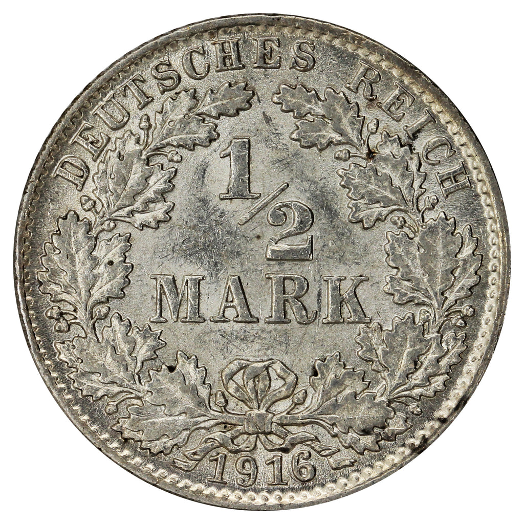 German Empire 1916D 1/2 Mark Almost Uncirculated (AU50)