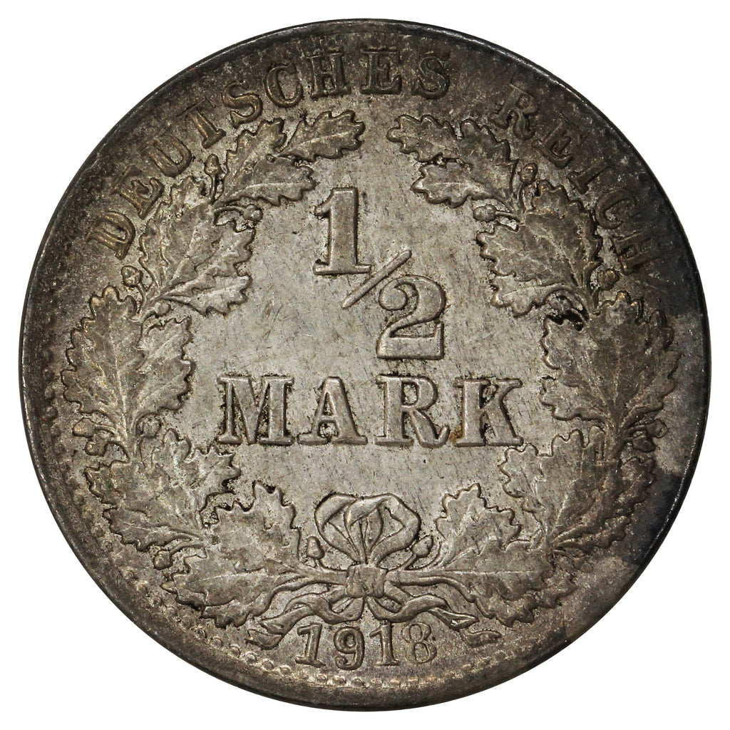 German Empire 1918J 1/2 Mark Extra Fine (EF40)