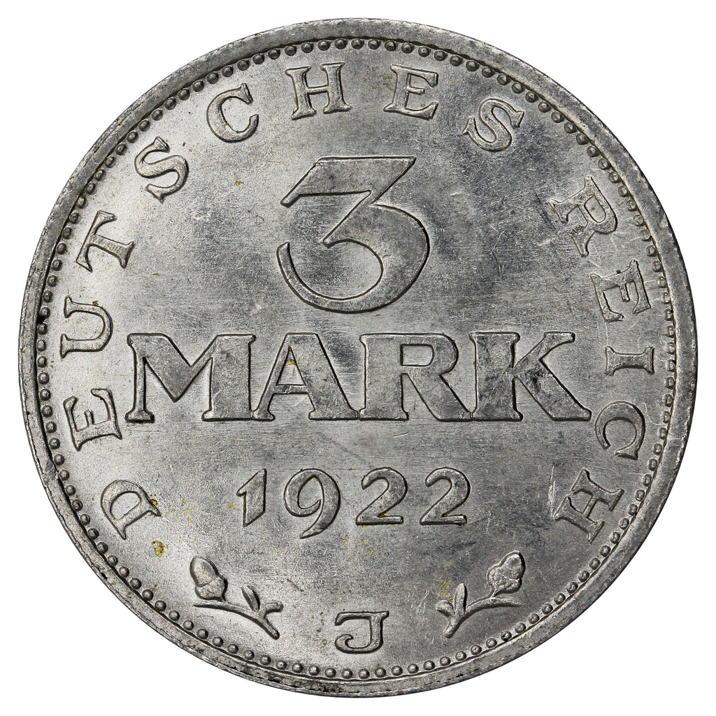 German Weimar Republic 1922J 3 Marks Uncirculated (MS60)