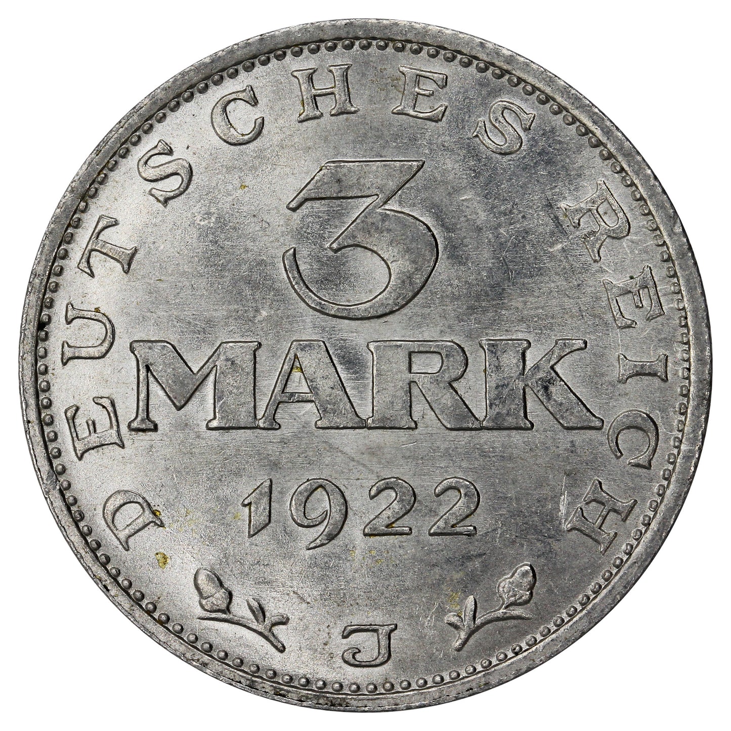 German Weimar Republic 1922J 3 Marks Uncirculated (MS60)