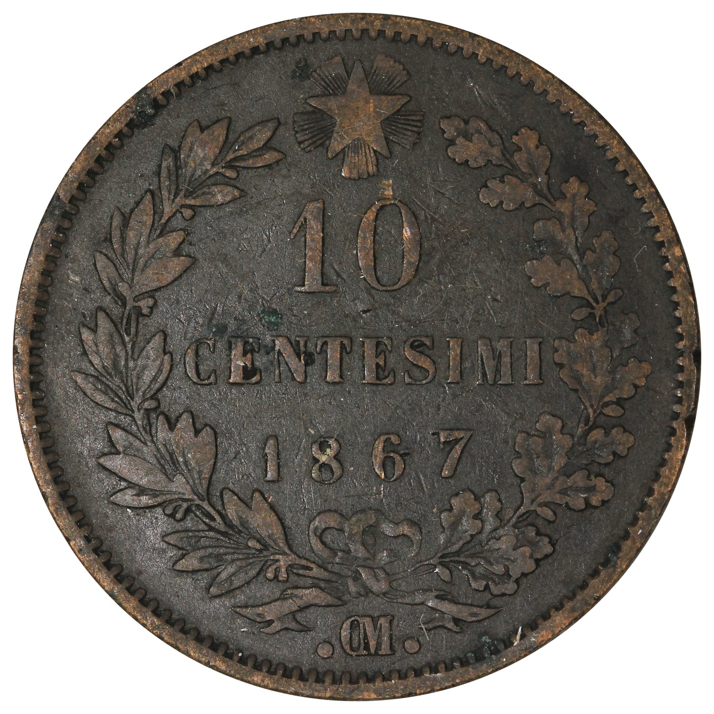 Italy 1867OM 10 Centesimi F-VF (F15)