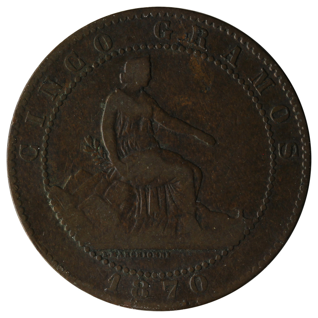 Spain 1870OM 5 Centimos Very Fine (VF20)